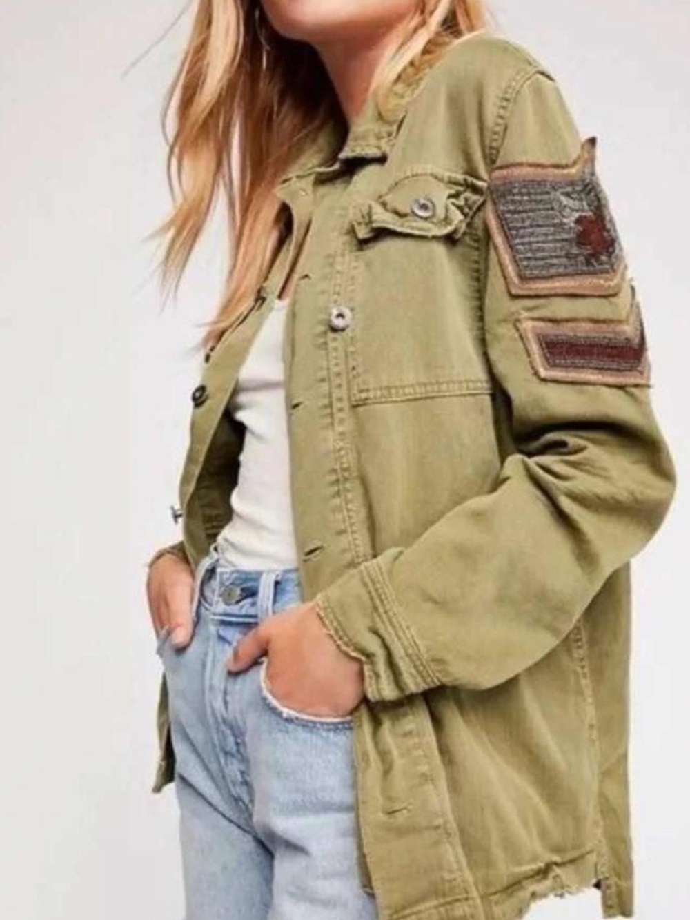 Free People Green Military Embroidered Beaded Shirt Jacket